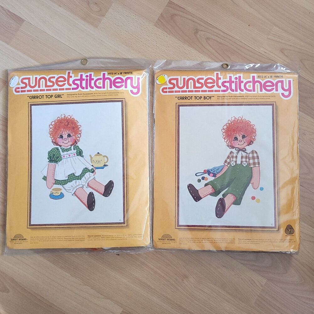Lot of 2 Vtg Sunset Stitchery Crewel Kits 1977 Carrot Top Girl and Boy 2725 2726